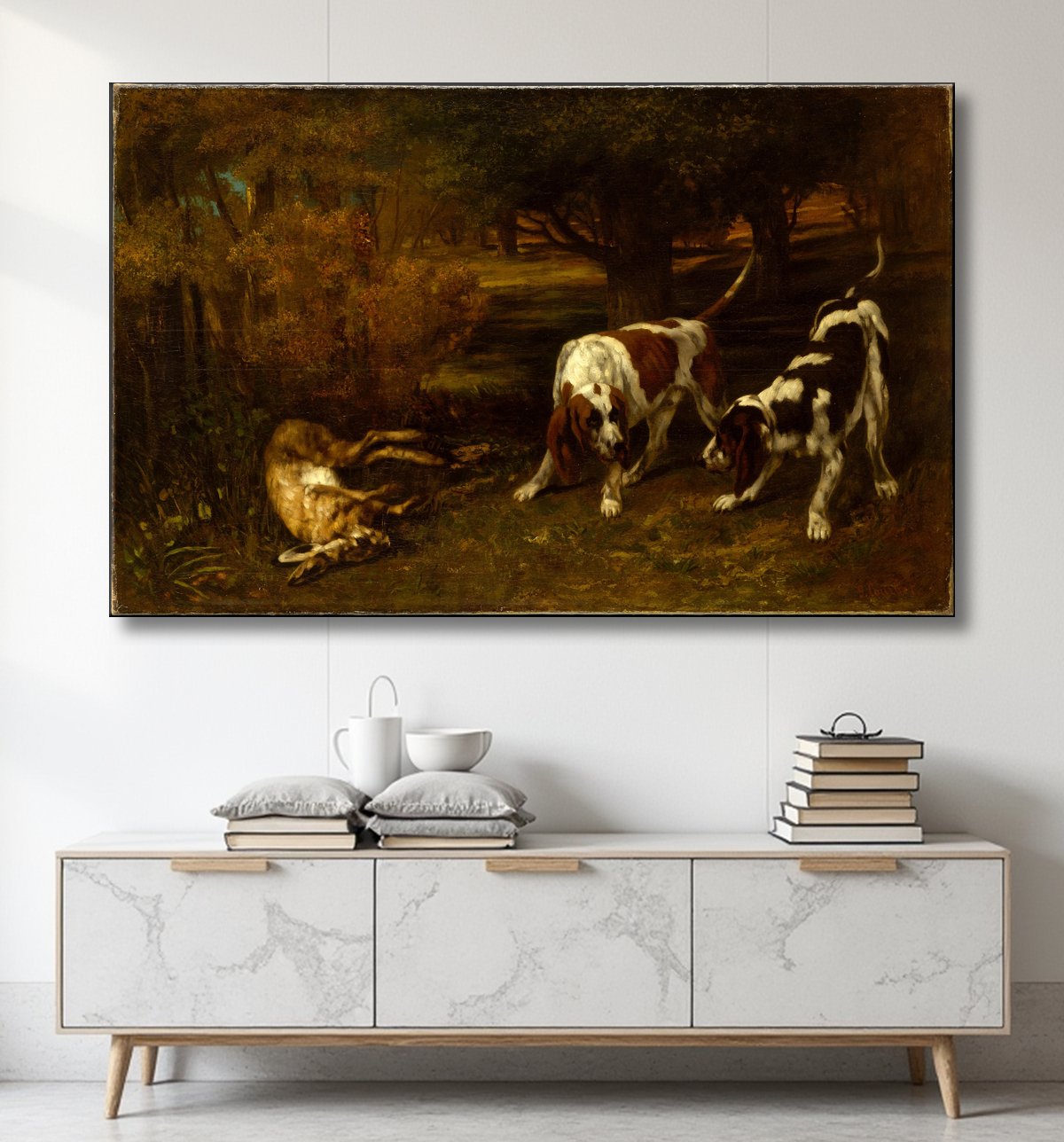 Reproduction Chiens de chasse avec lièvre mort de Gustave Courbet avec decor