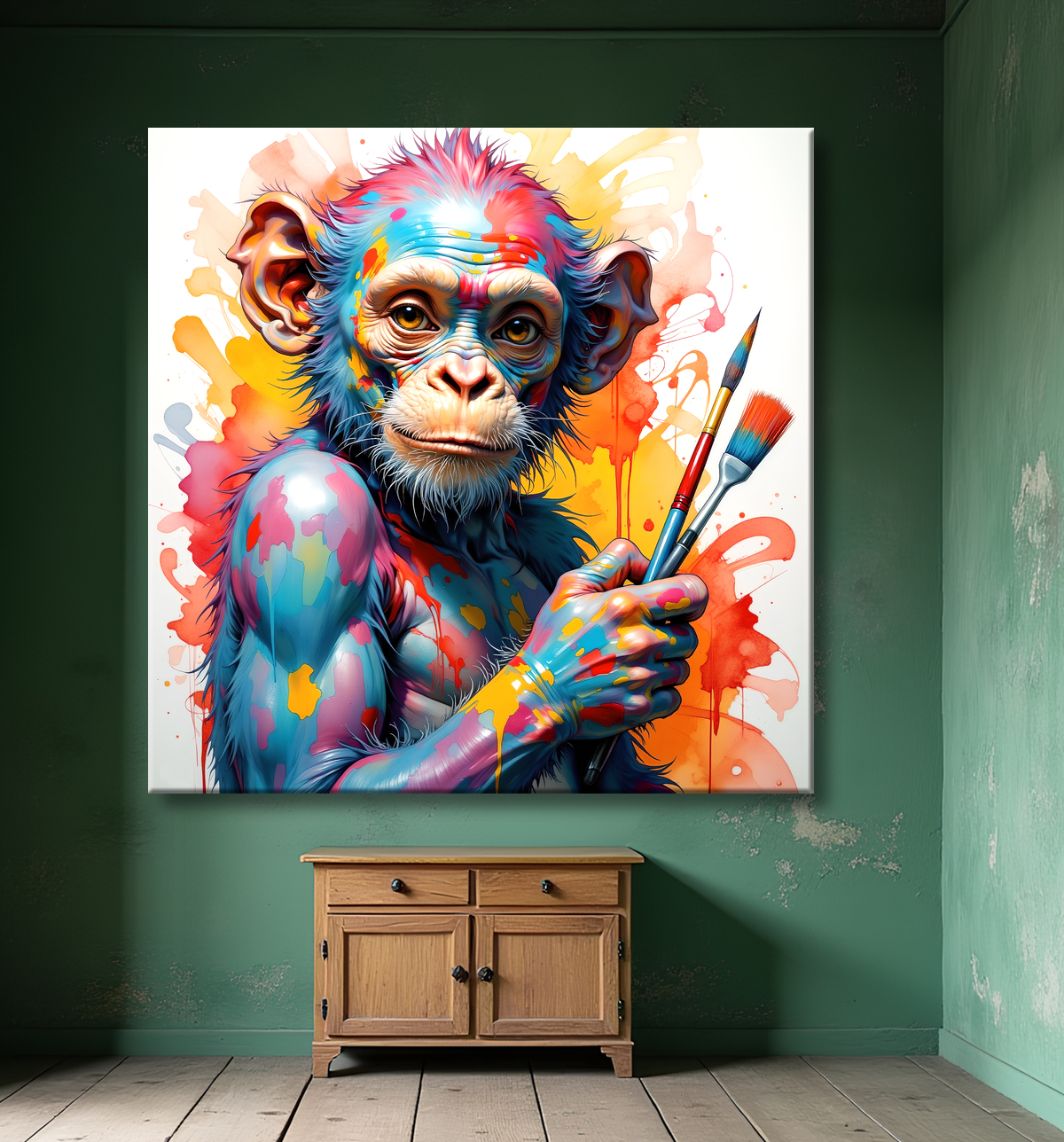 Tableau chimpanzé artiste - Pop art malicieux et coloré avec decor