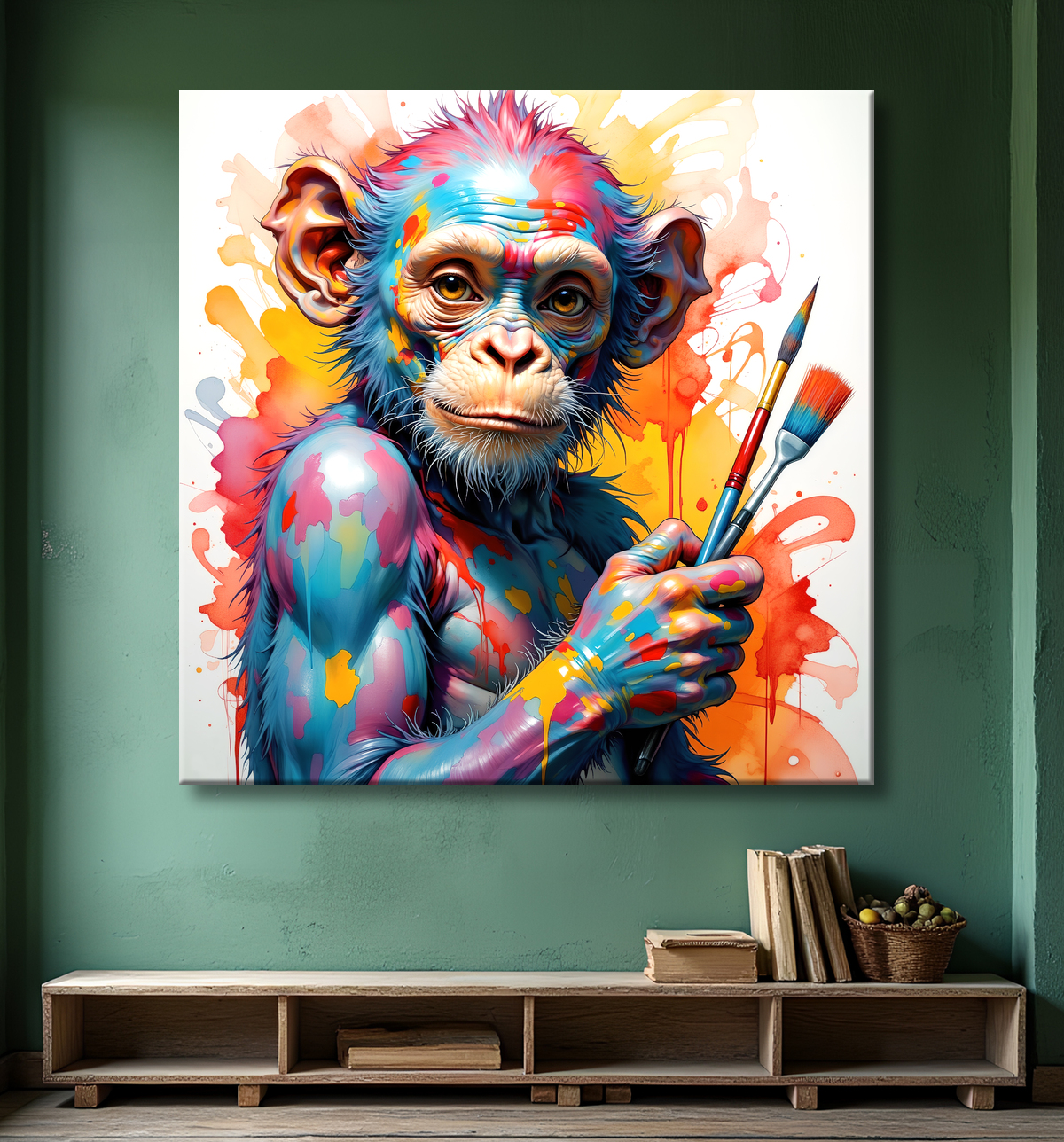 Tableau chimpanzé artiste - Pop art malicieux et coloré avec decor
