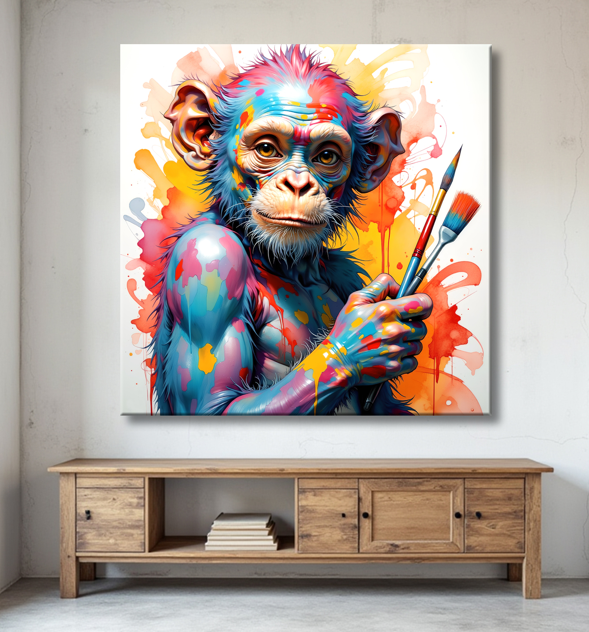 Tableau chimpanzé artiste - Pop art malicieux et coloré avec decor