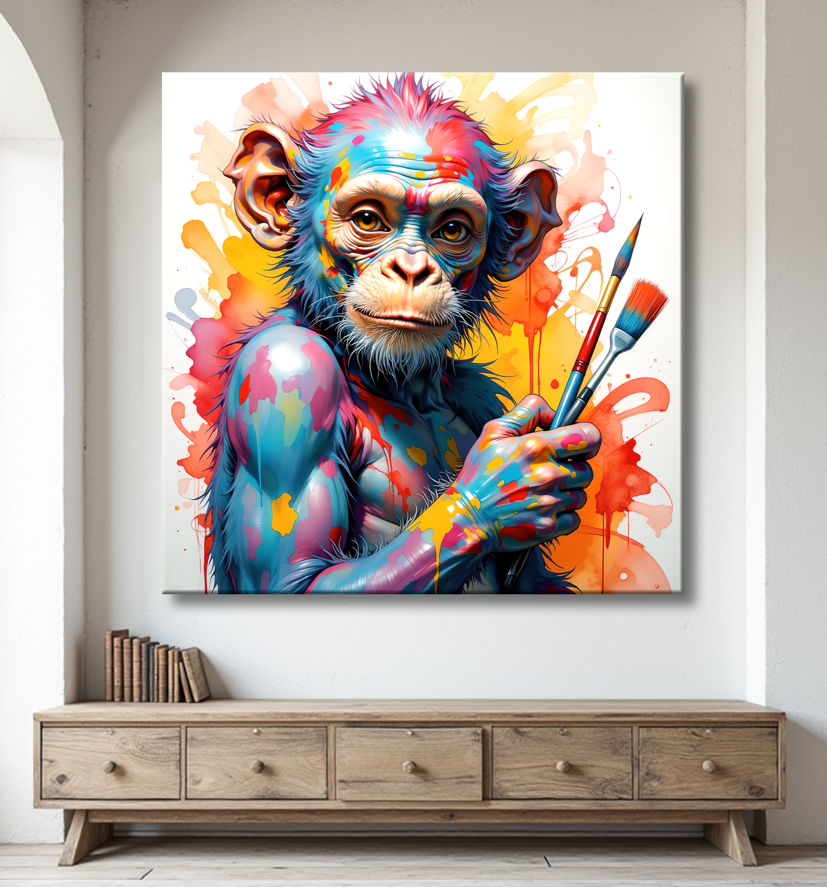 Tableau chimpanzé artiste - Pop art malicieux et coloré avec decor