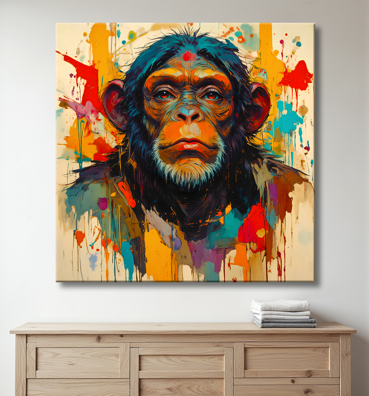 Tableau chimpanzé effet peinture colorée avec decor