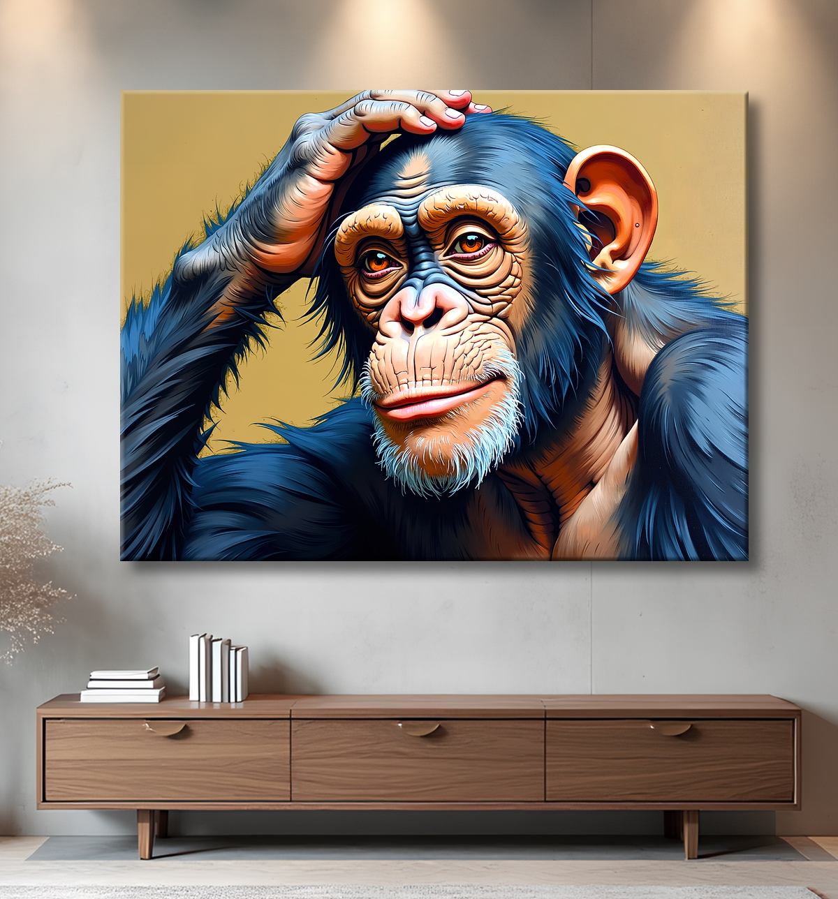 Tableau peinture chimpanzé pensif sur fond clair avec decor