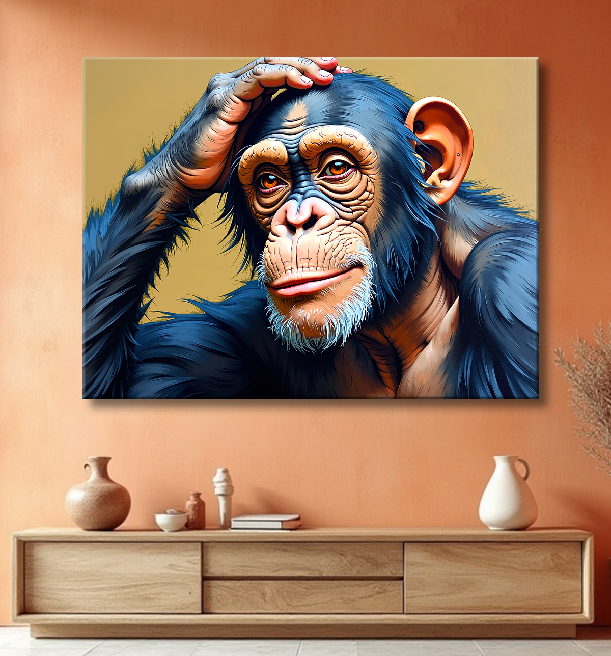 Tableau peinture chimpanzé pensif sur fond clair avec decor