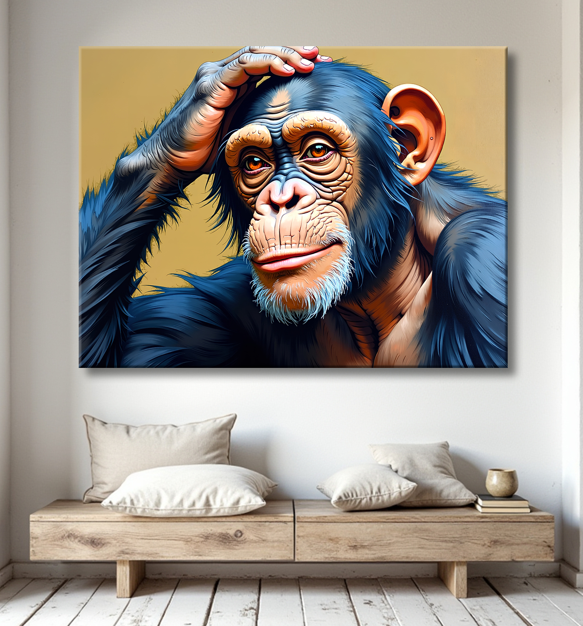 Tableau peinture chimpanzé pensif sur fond clair avec decor