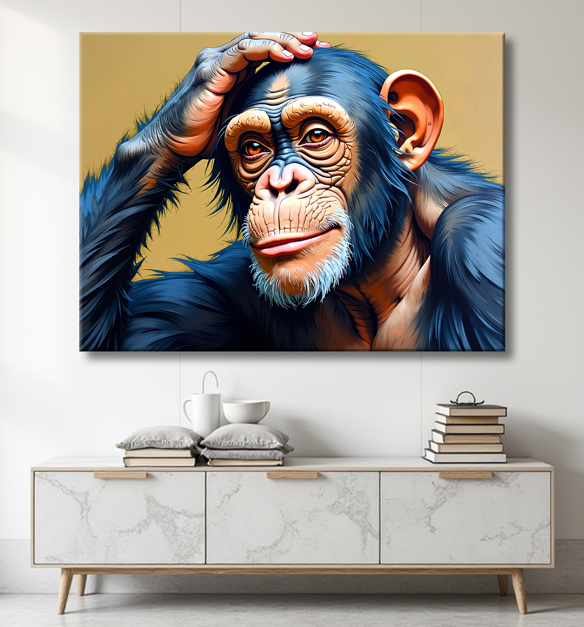 Tableau peinture chimpanzé pensif sur fond clair avec decor