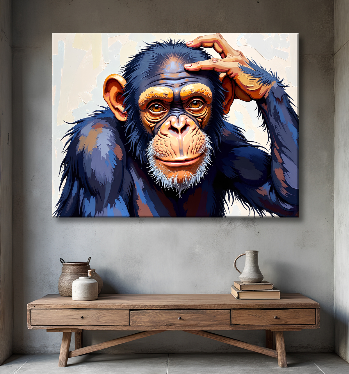 Tableau peinture chimpanzé pensif sur fond clair avec decor
