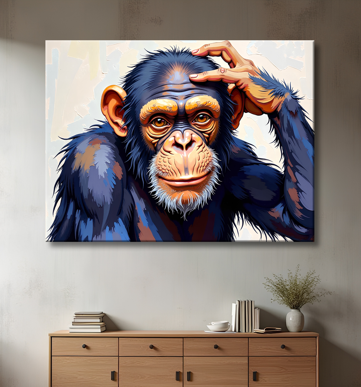 Tableau peinture chimpanzé pensif sur fond clair avec decor