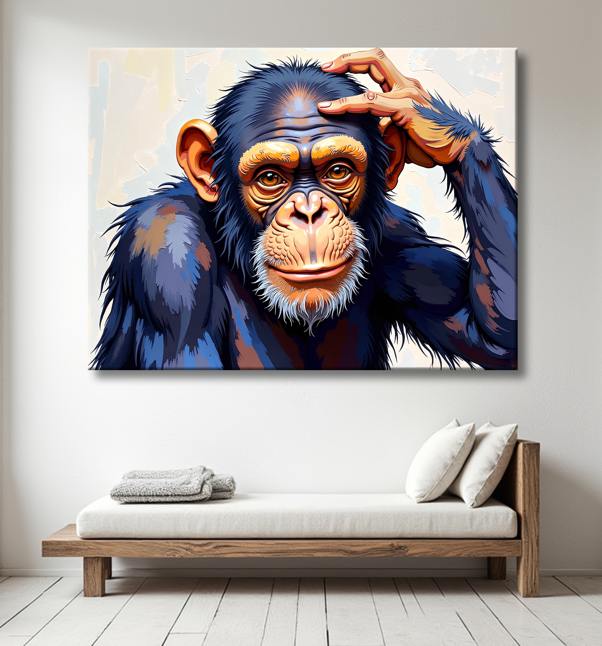 Tableau peinture chimpanzé pensif sur fond clair avec decor