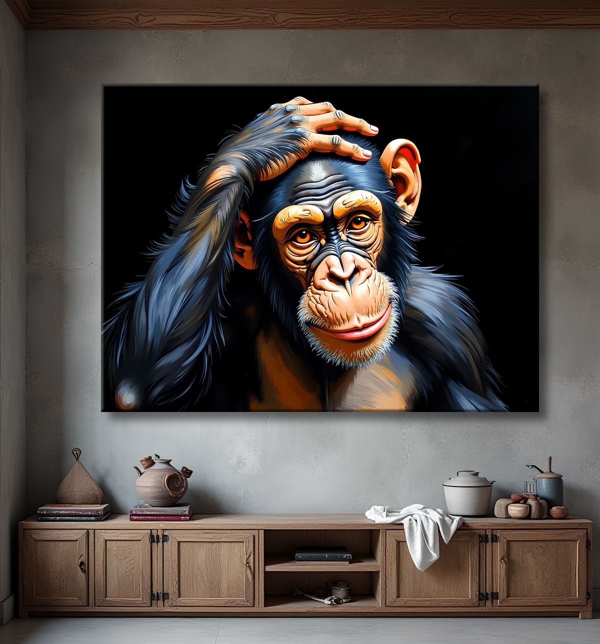 Tableau chimpanzé pensif sur fond noir avec decor
