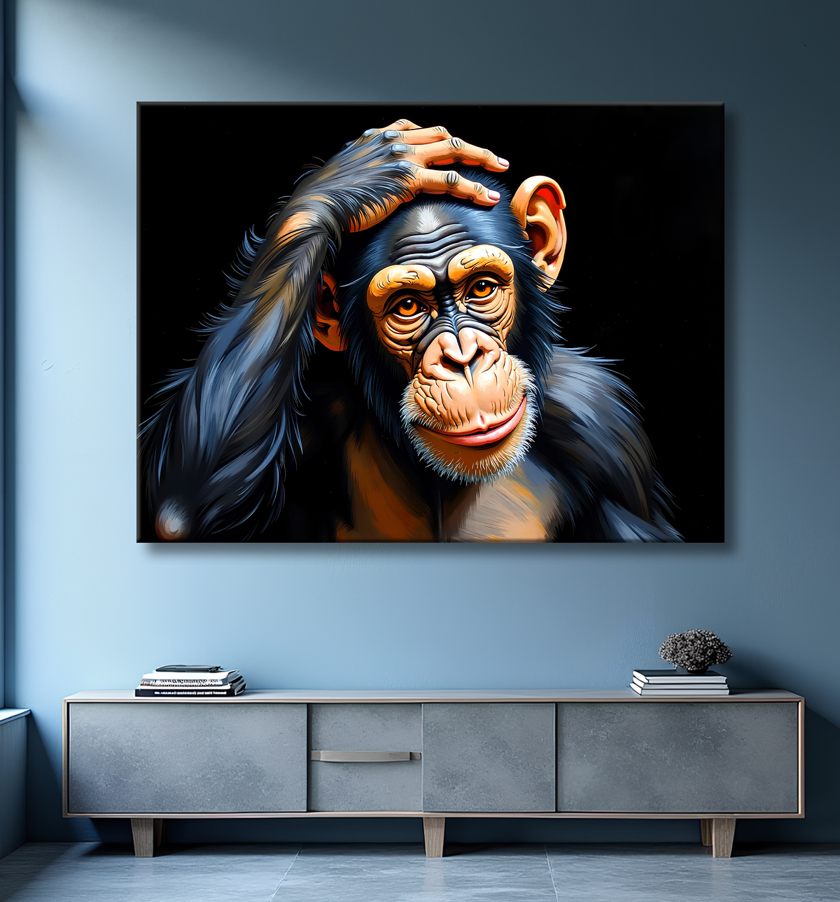 Tableau chimpanzé pensif sur fond noir avec decor