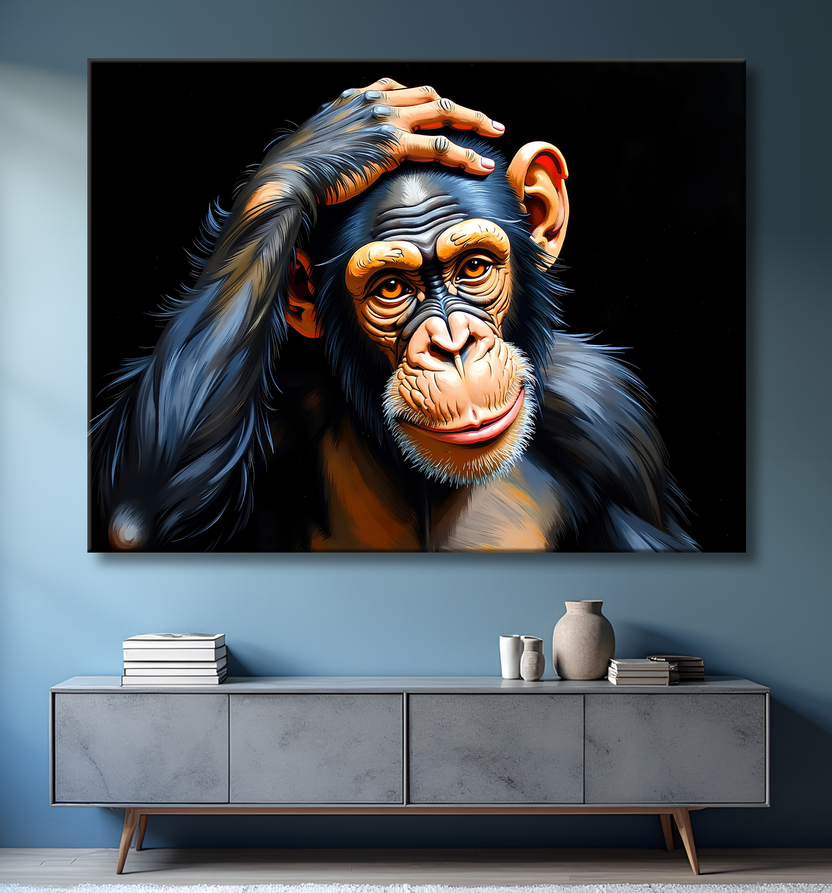 Tableau chimpanzé pensif sur fond noir avec decor