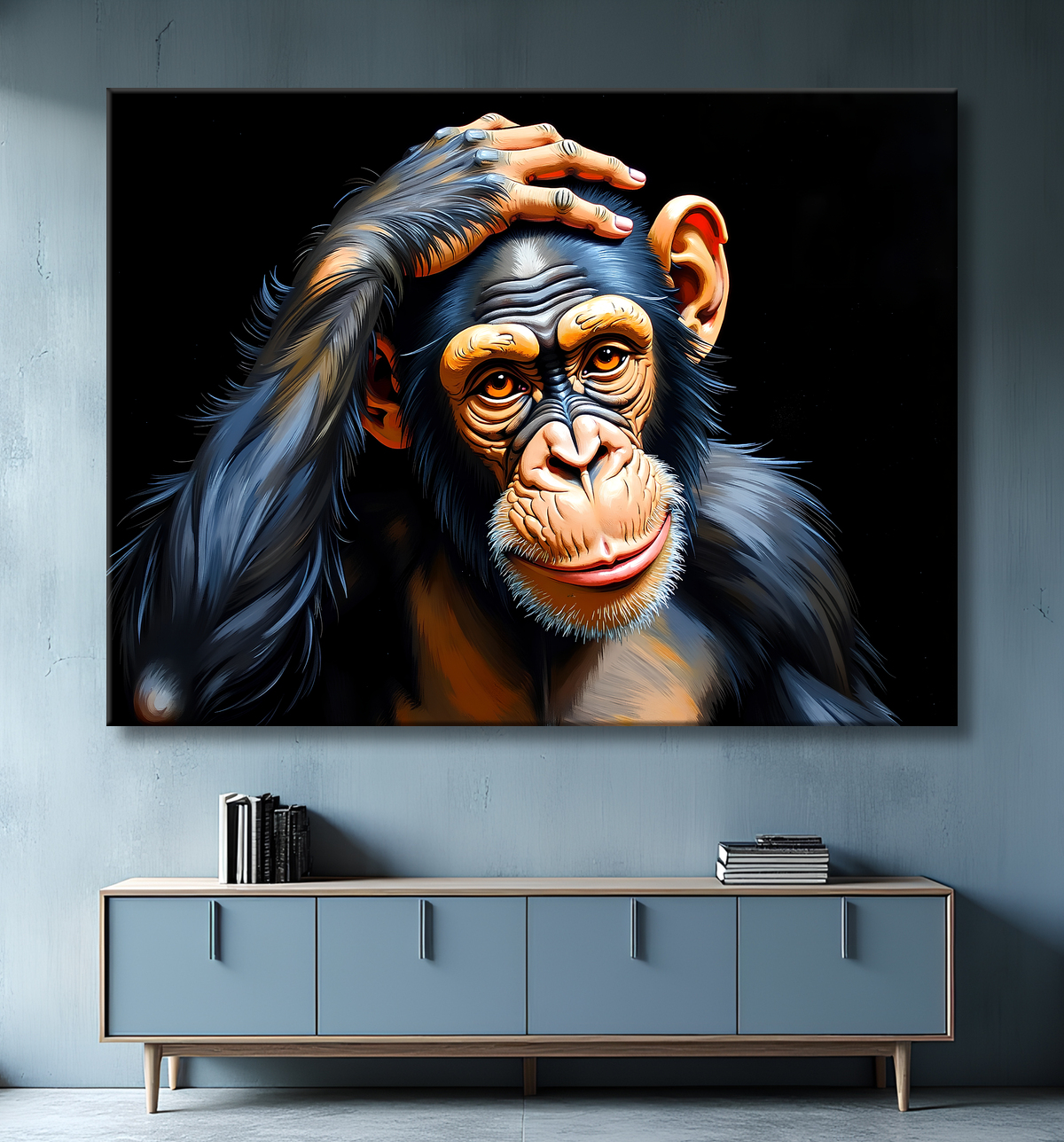 Tableau chimpanzé pensif sur fond noir avec decor