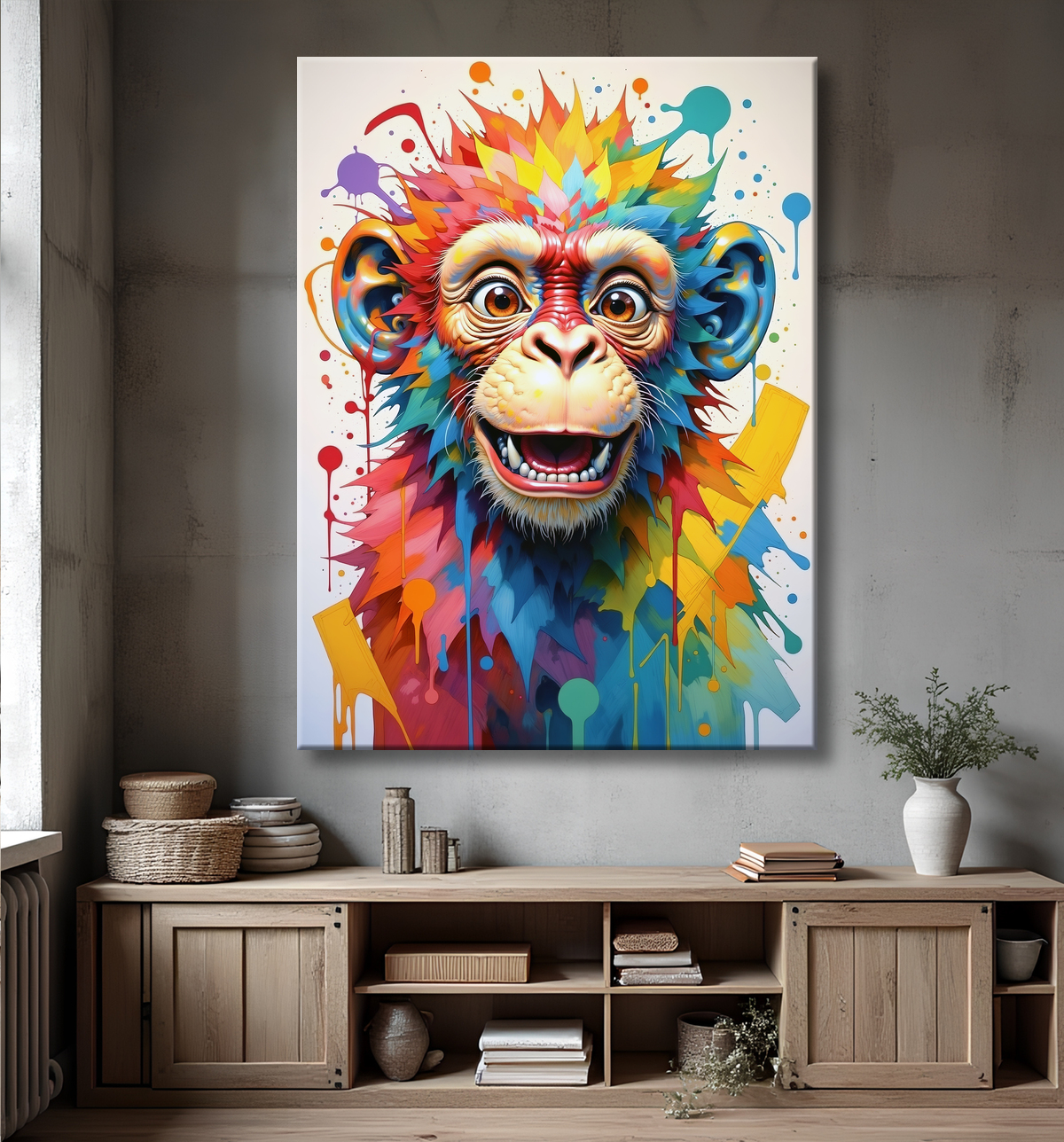 Portrait de chimpanzé dans un style pop art éclaté : formes colorées, jets de peinture, éclaboussures. Un tableau expressif et décalé, décliné en plusieurs versions. Exclusivité DECOTAB.