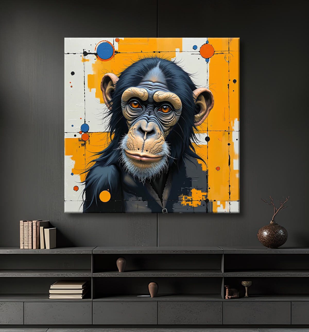 Tableau singe moderne - Peinture animalière expressive et graphique avec decor