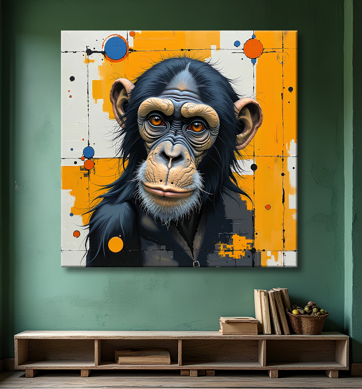 Tableau singe moderne - Peinture animalière expressive et graphique avec decor