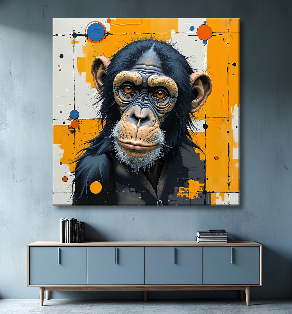 Tableau singe moderne - Peinture animalière expressive et graphique avec decor