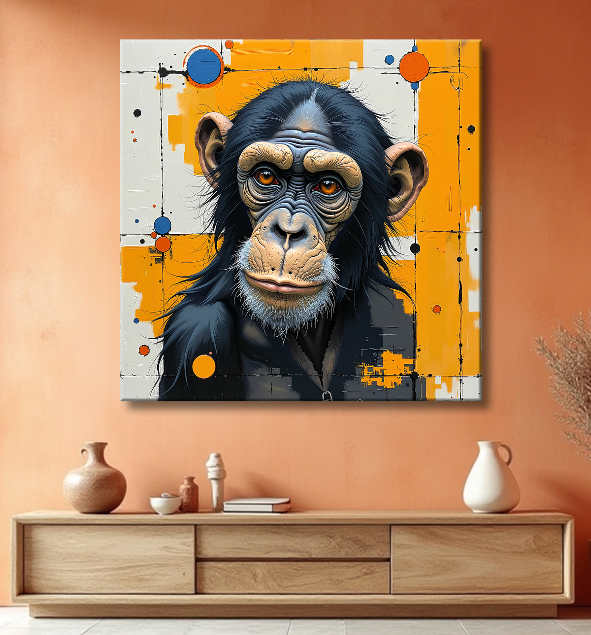 Tableau singe moderne - Peinture animalière expressive et graphique avec decor