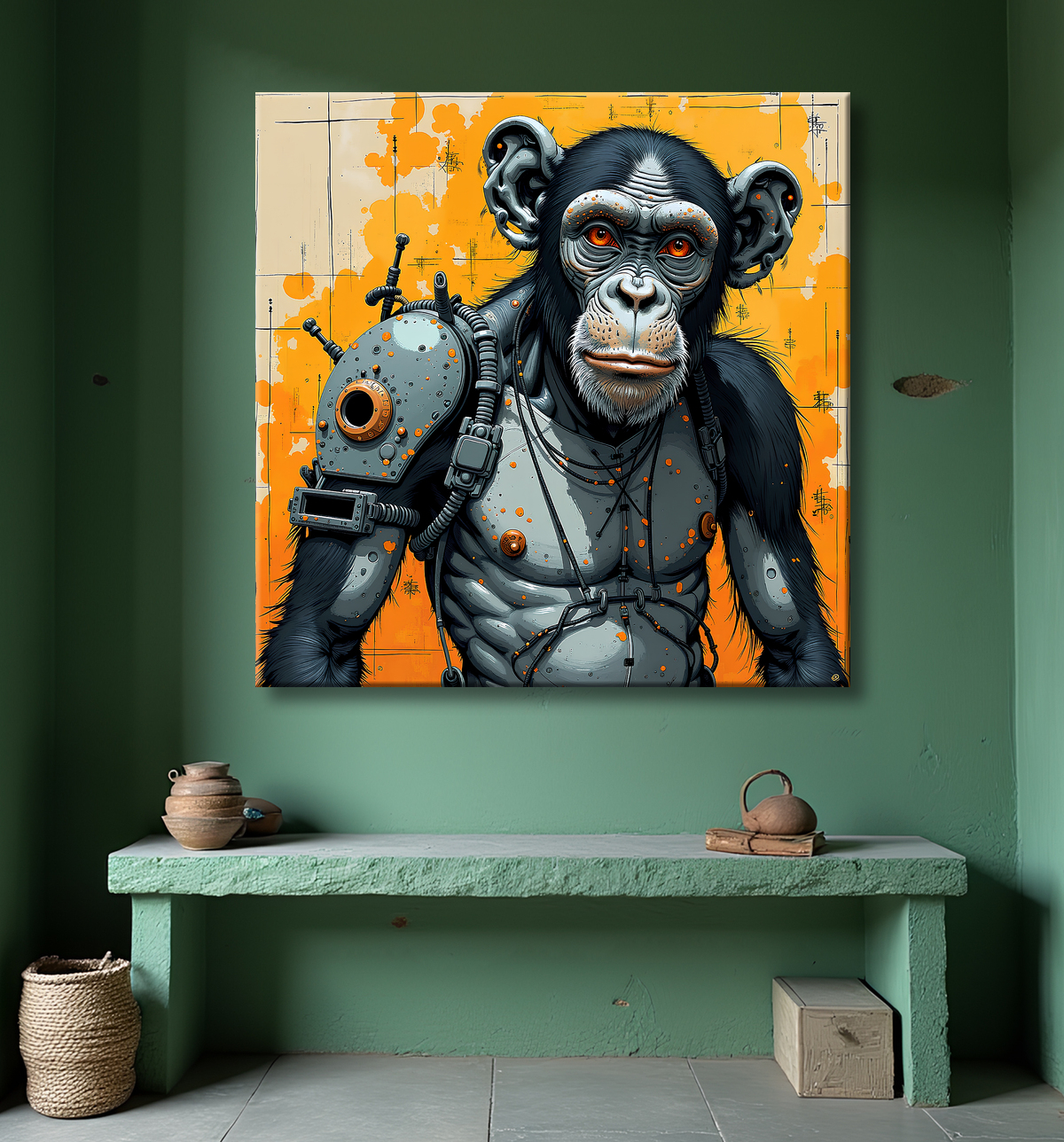 Tableau singe moderne - Peinture animalière expressive et graphique avec decor