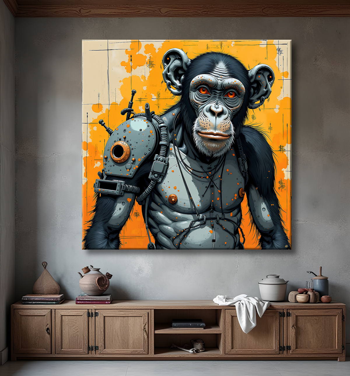 Tableau singe moderne - Peinture animalière expressive et graphique avec decor