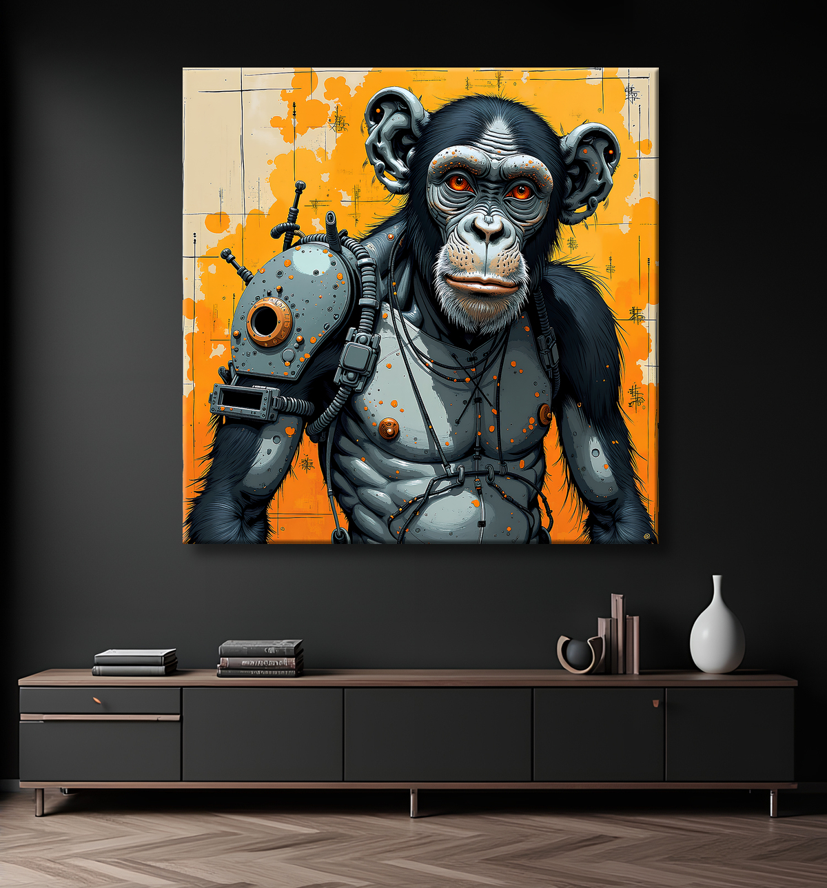 Tableau singe moderne - Peinture animalière expressive et graphique avec decor