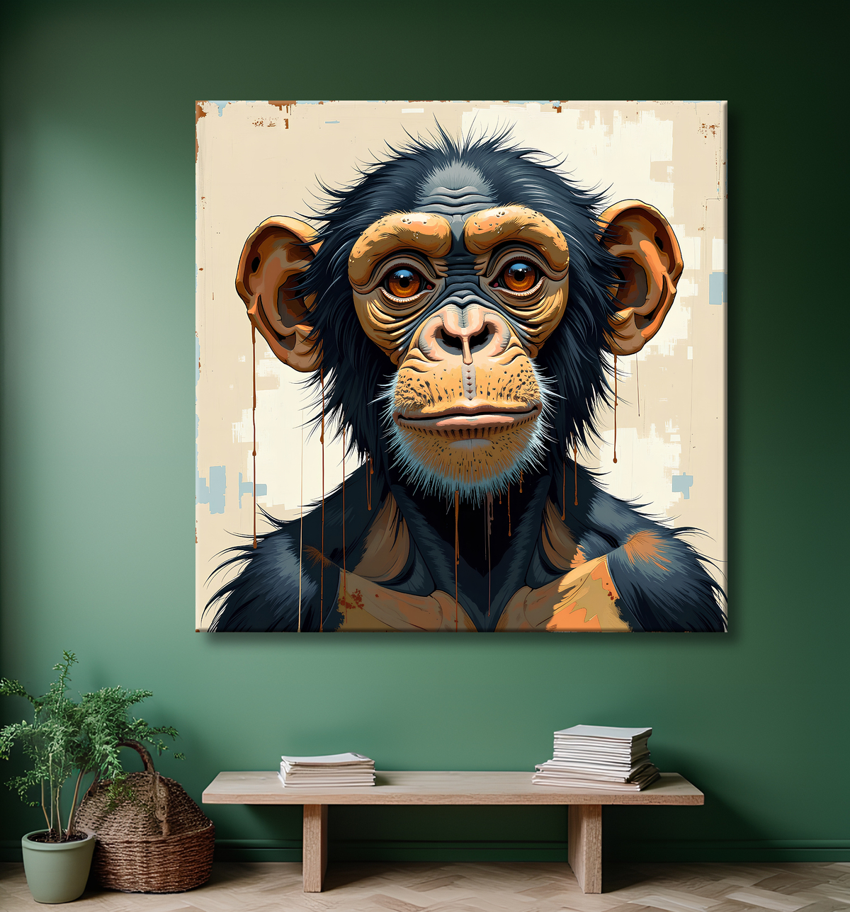 Tableau singe moderne - Peinture animalière expressive et graphique avec decor