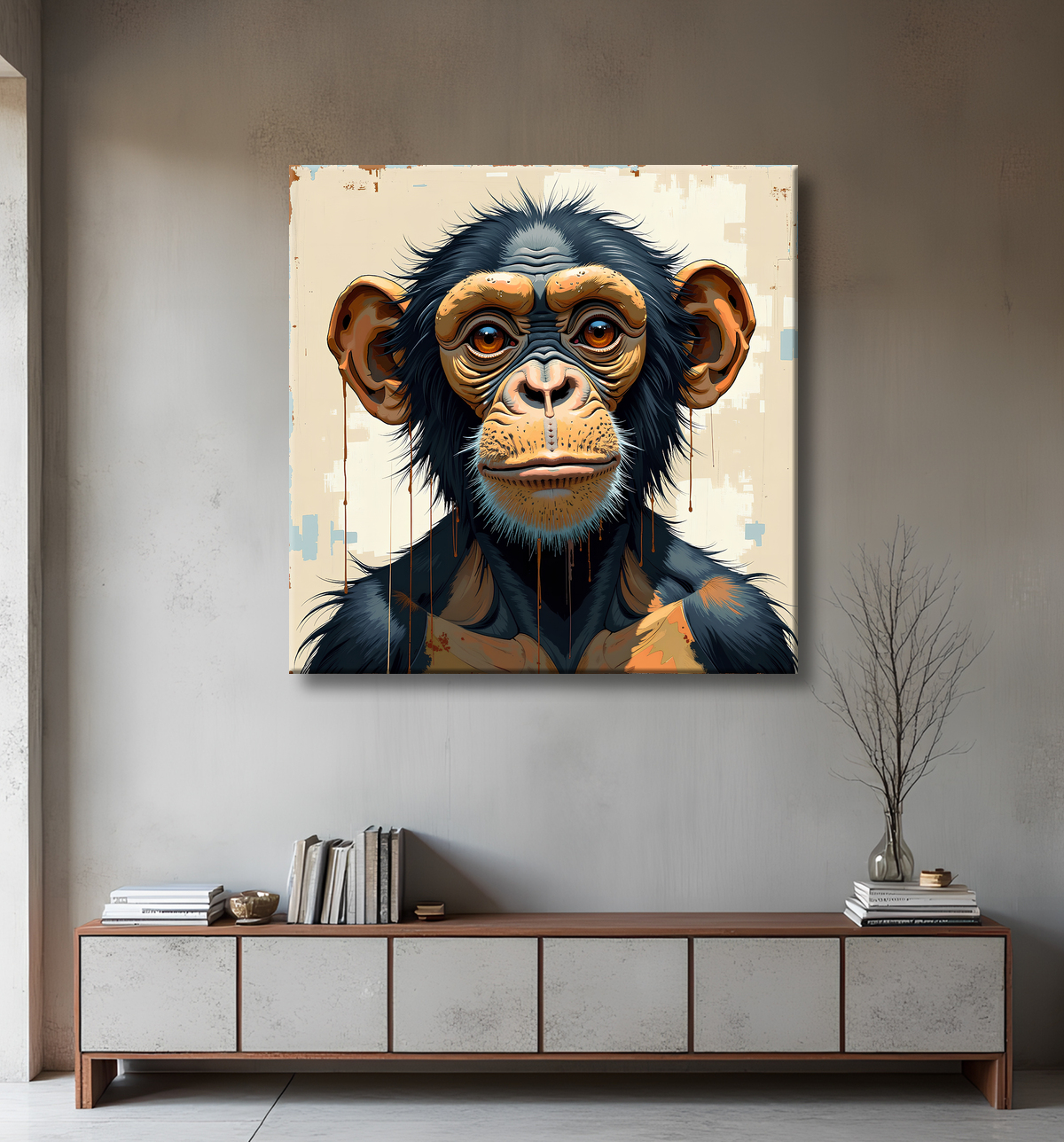 Tableau singe moderne - Peinture animalière expressive et graphique avec decor