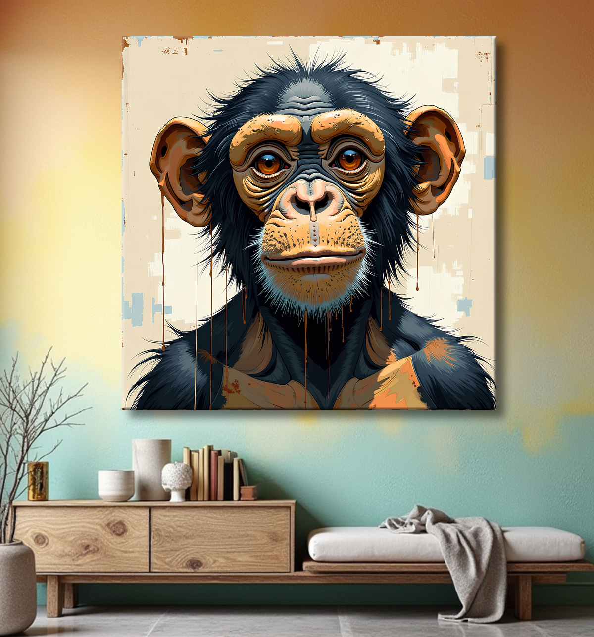 Tableau singe moderne - Peinture animalière expressive et graphique avec decor