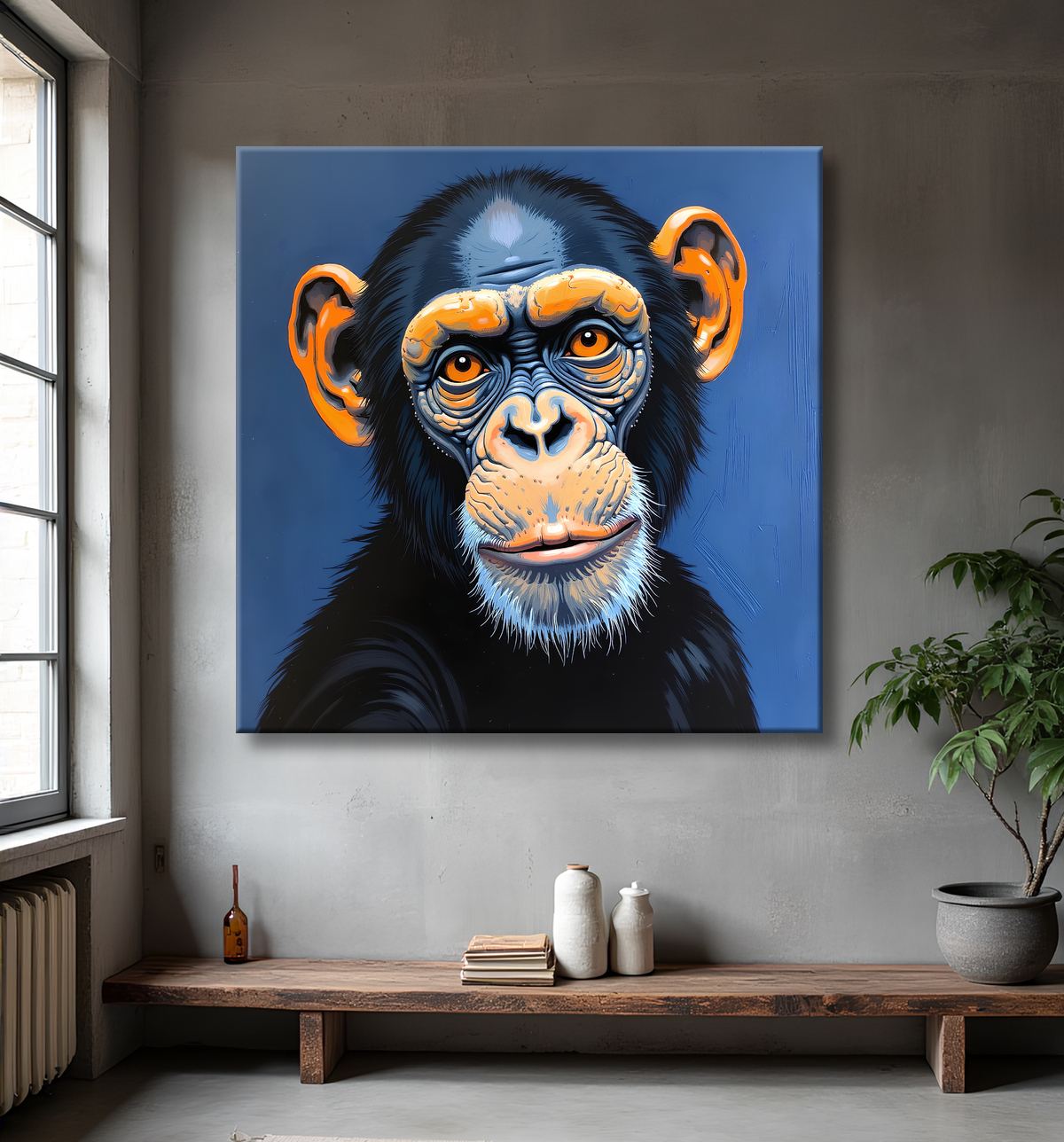 Tableau singe moderne - Peinture animalière expressive et graphique avec decor