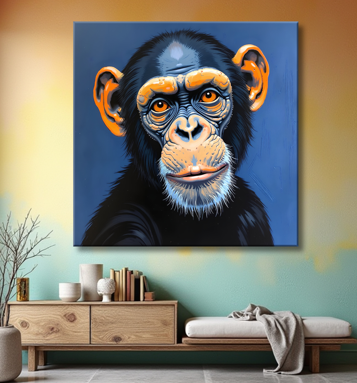 Tableau singe moderne - Peinture animalière expressive et graphique avec decor