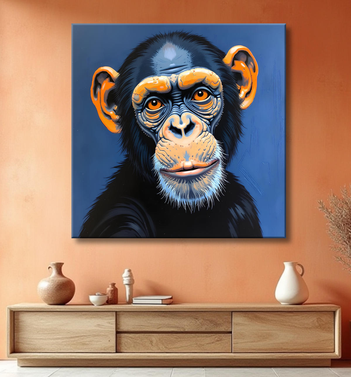 Tableau singe moderne - Peinture animalière expressive et graphique avec decor