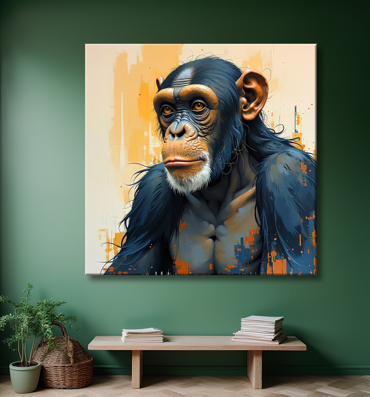 Tableau singe moderne - Peinture animalière expressive et graphique avec decor