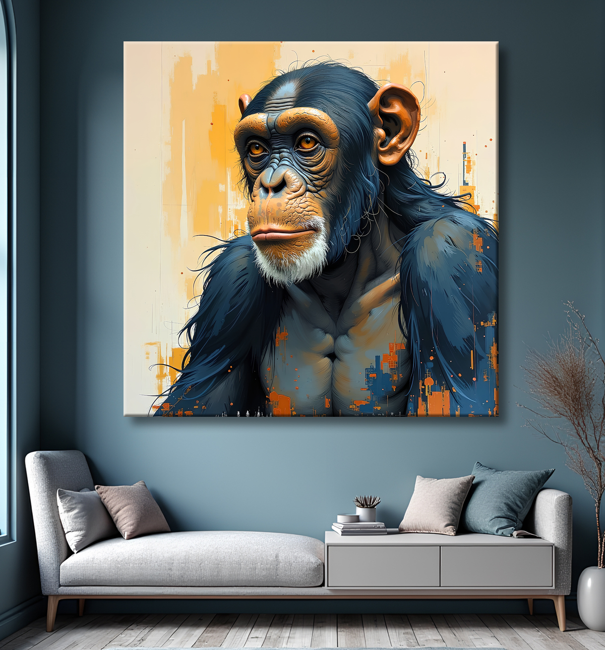 Tableau singe moderne - Peinture animalière expressive et graphique avec decor