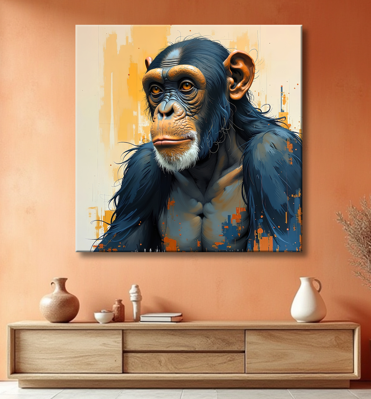Tableau singe moderne - Peinture animalière expressive et graphique avec decor
