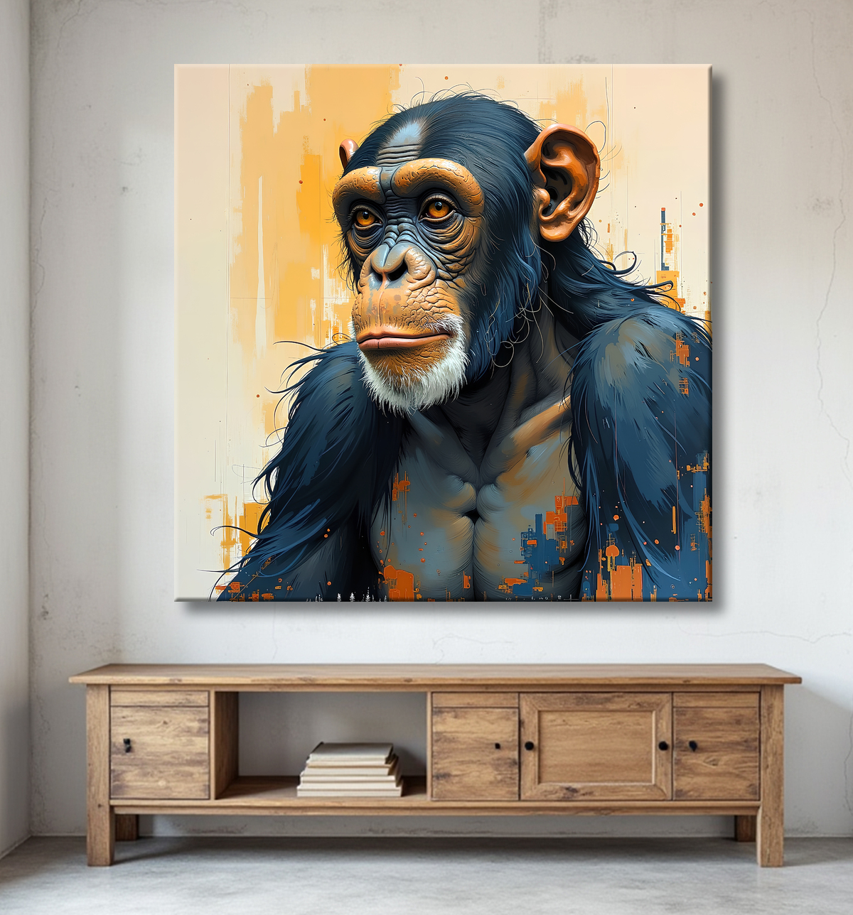 Tableau singe moderne - Peinture animalière expressive et graphique avec decor