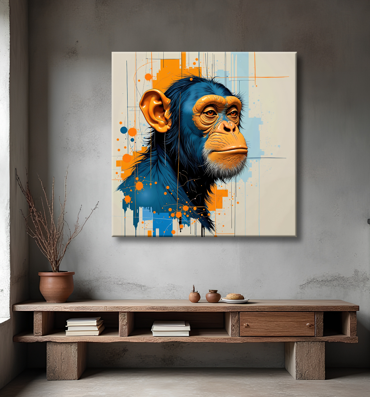 Tableau singe moderne - Peinture animalière expressive et graphique avec decor