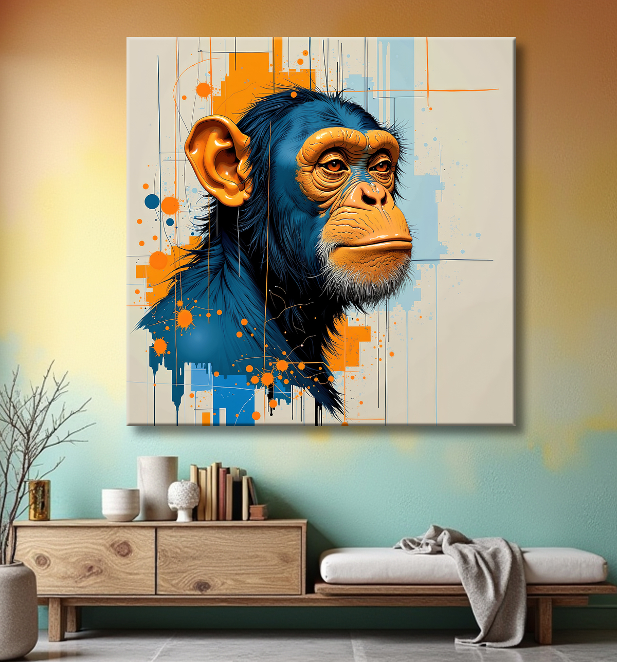 Tableau singe moderne - Peinture animalière expressive et graphique avec decor