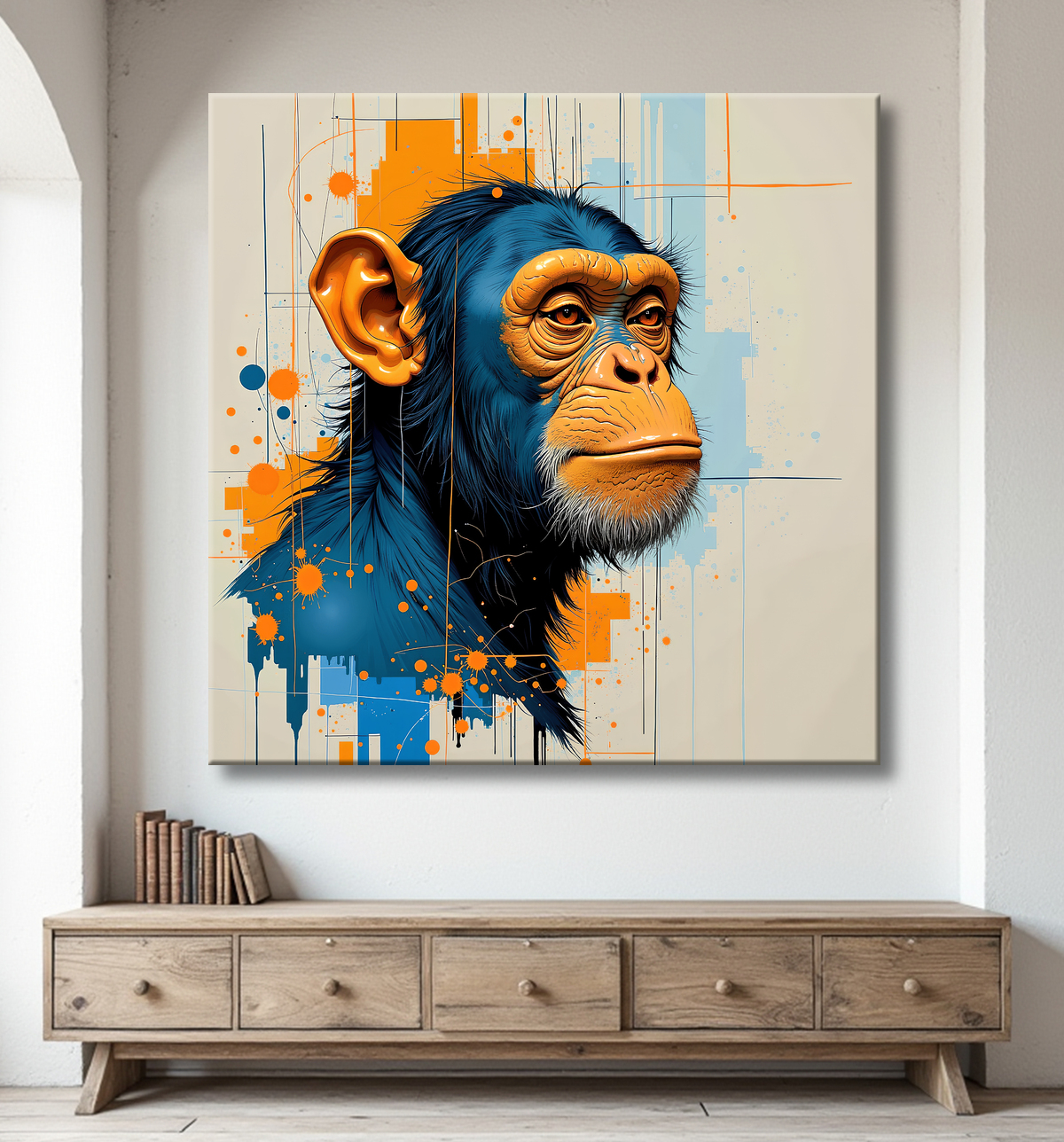 Tableau singe moderne - Peinture animalière expressive et graphique avec decor