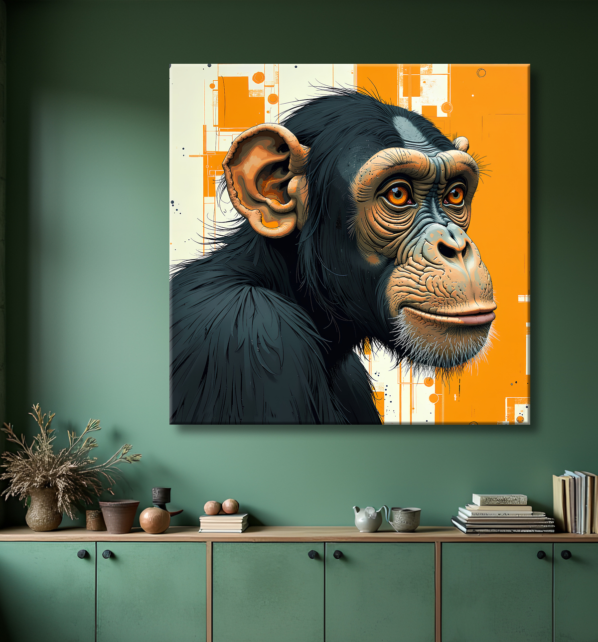 Tableau singe moderne - Peinture animalière expressive et graphique avec decor