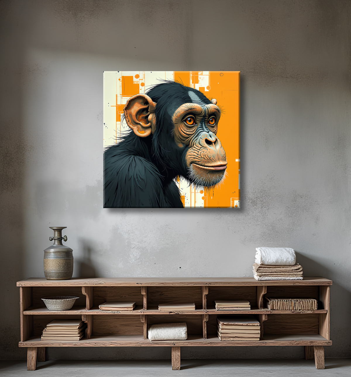 Tableau singe moderne - Peinture animalière expressive et graphique avec decor