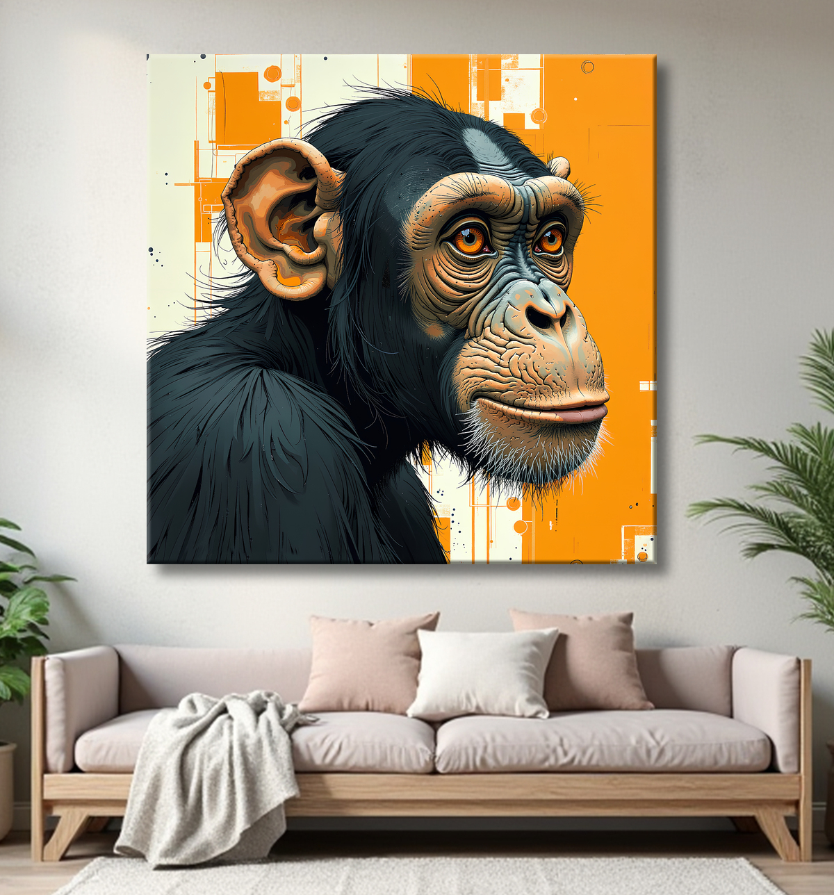 Tableau singe moderne - Peinture animalière expressive et graphique avec decor