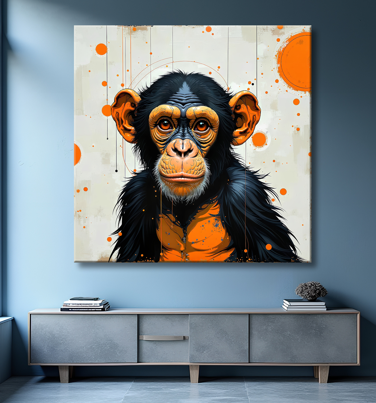 Tableau singe moderne - Peinture animalière expressive et graphique avec decor