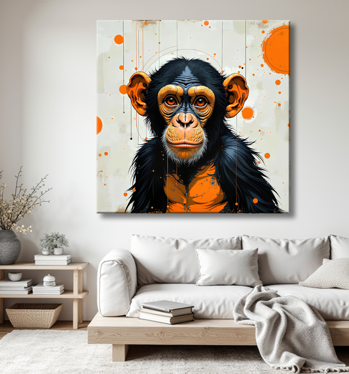 Tableau singe moderne - Peinture animalière expressive et graphique avec decor