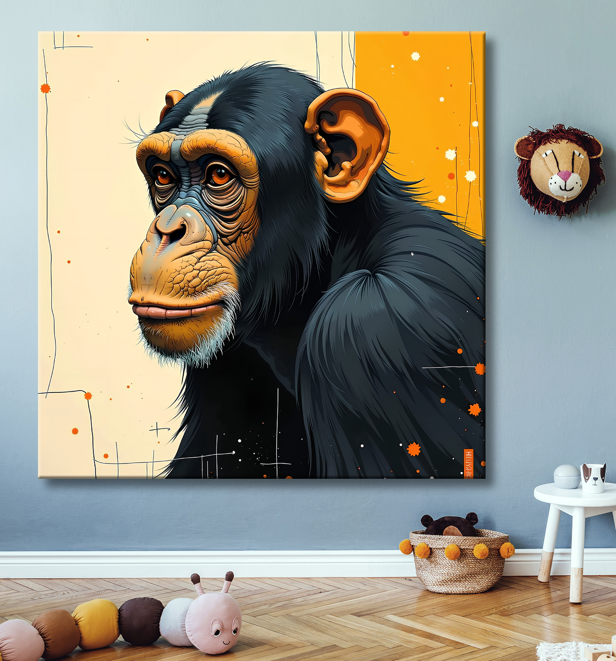 Tableau singe moderne - Peinture animalière expressive et graphique avec decor