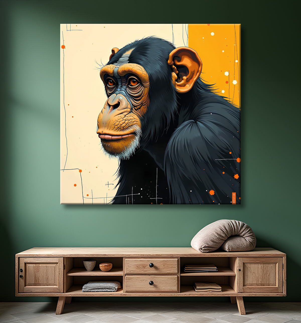 Tableau singe moderne - Peinture animalière expressive et graphique avec decor