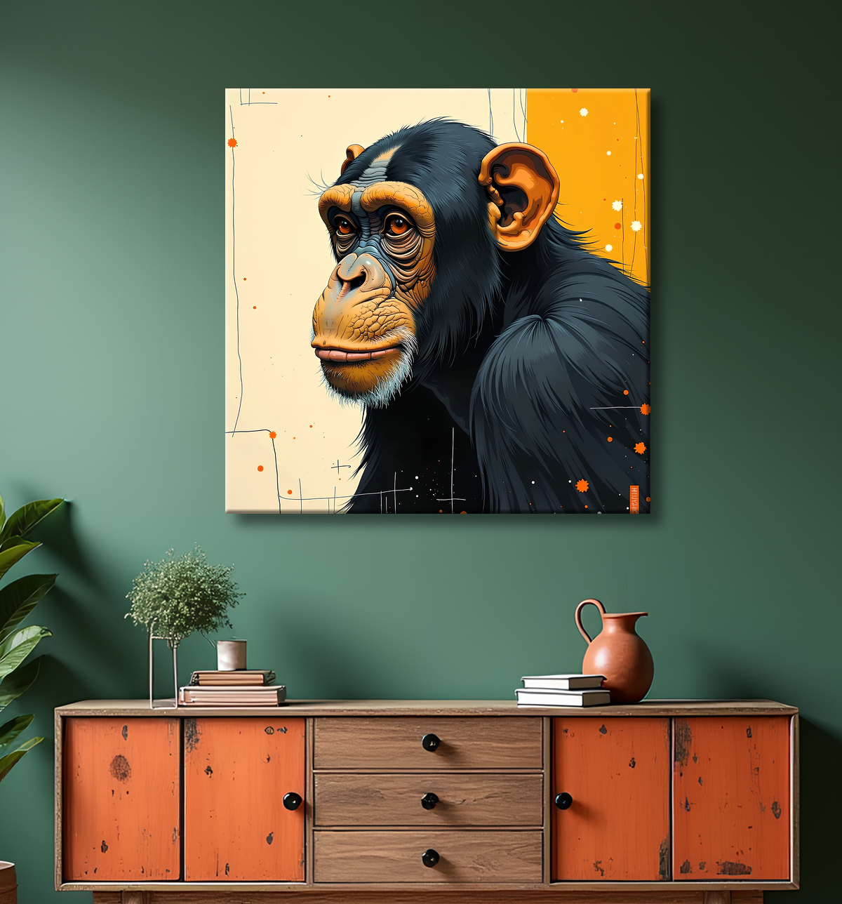 Tableau singe moderne - Peinture animalière expressive et graphique avec decor