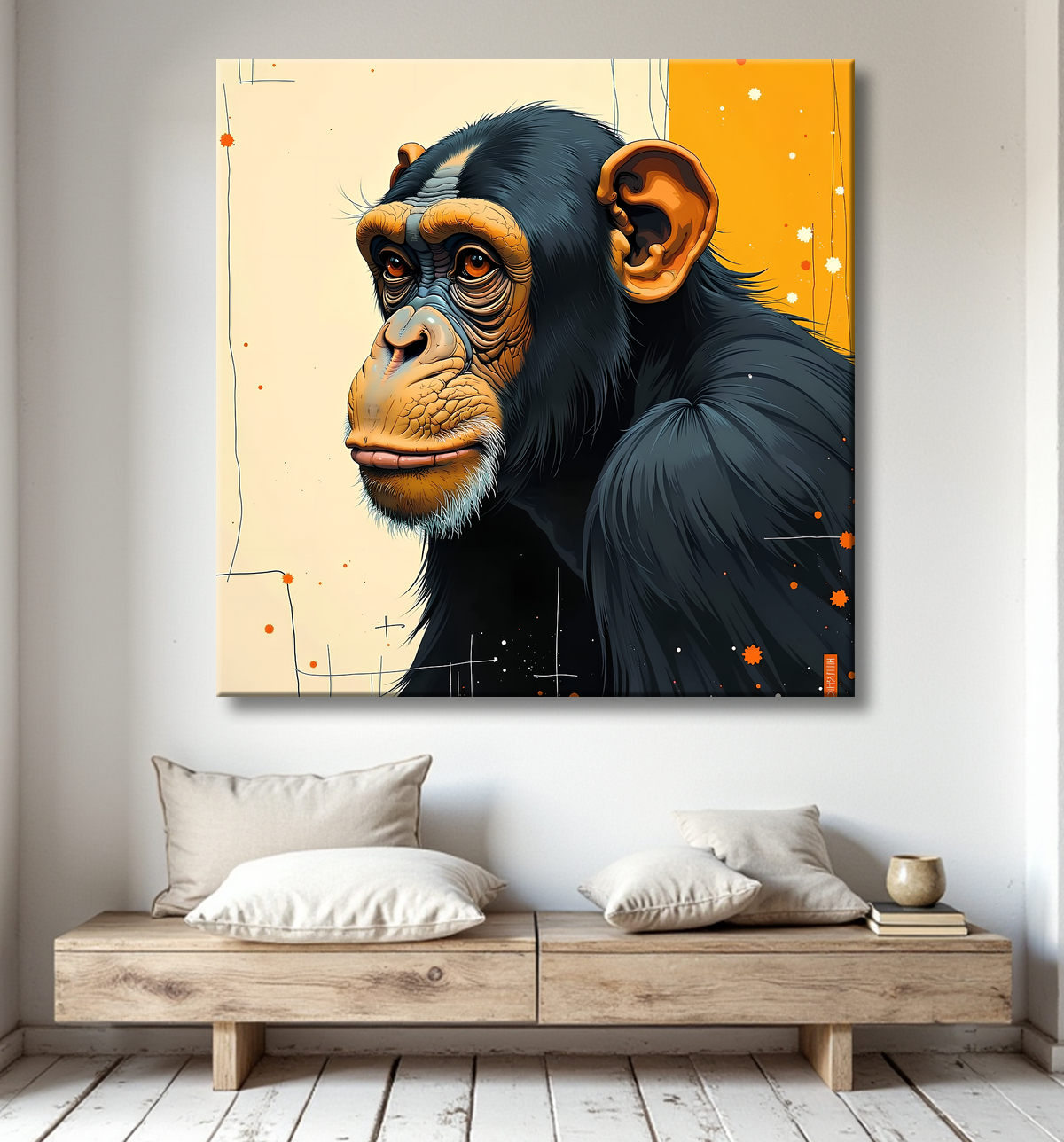 Tableau singe moderne - Peinture animalière expressive et graphique avec decor
