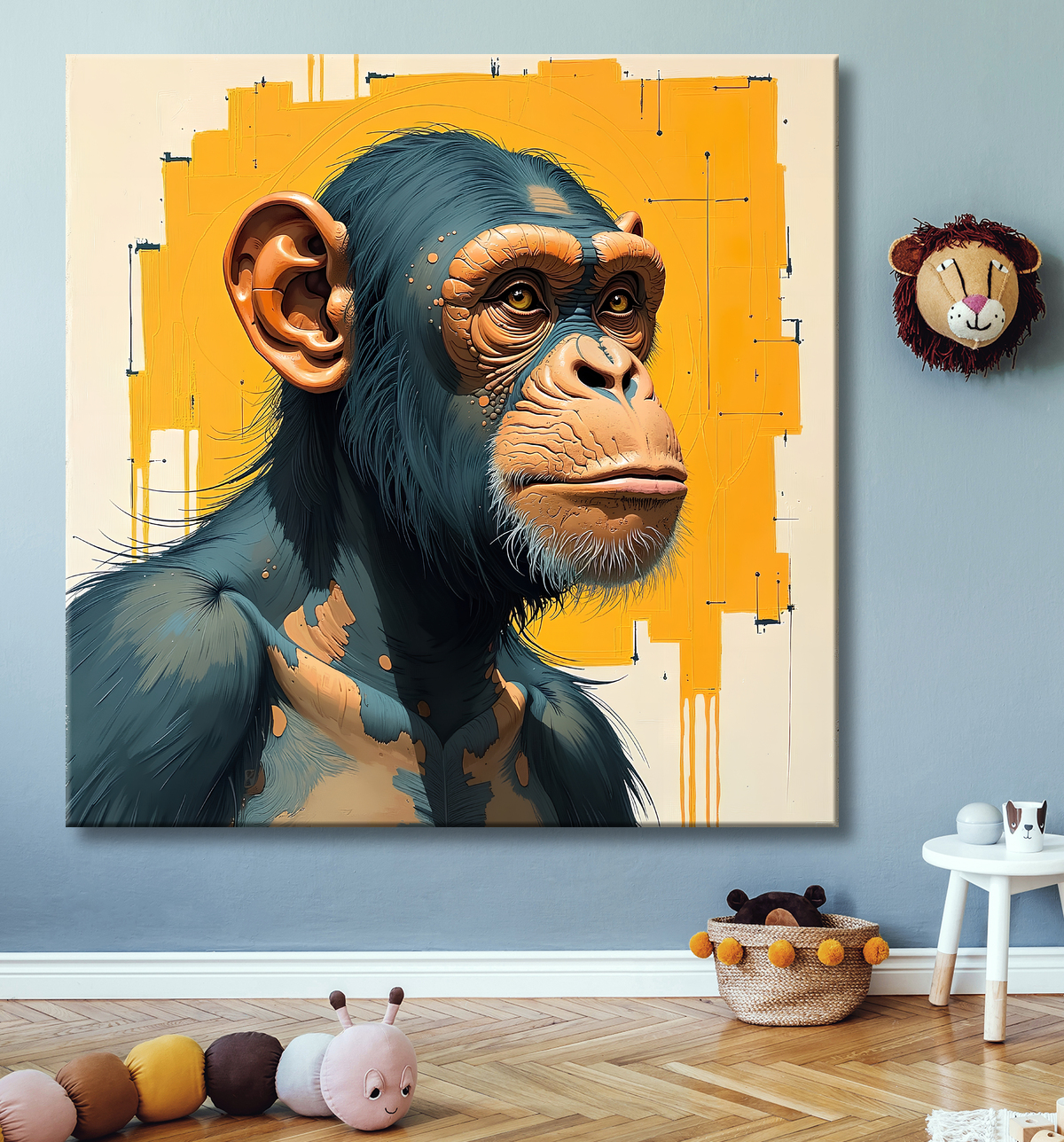 Tableau singe moderne - Peinture animalière expressive et graphique avec decor