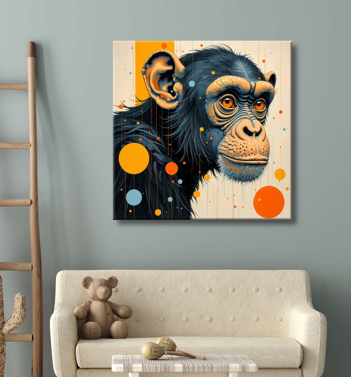 Tableau singe moderne - Peinture animalière expressive et graphique avec decor
