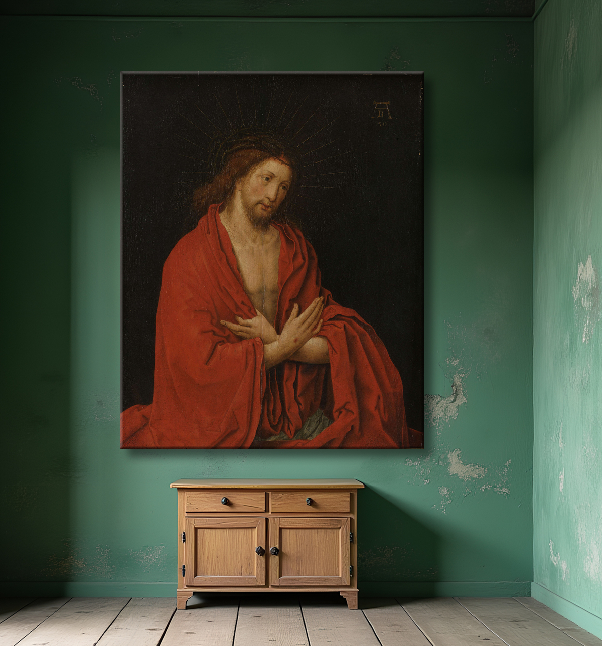 Reproduction Christ avec couronne d'épines de Lucas van Leyden avec decor